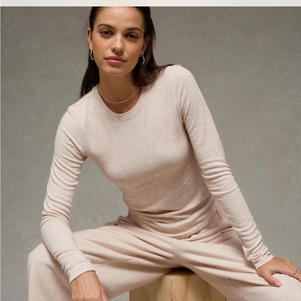 aerie Long Sleeve Crewneck Top in Light Beige